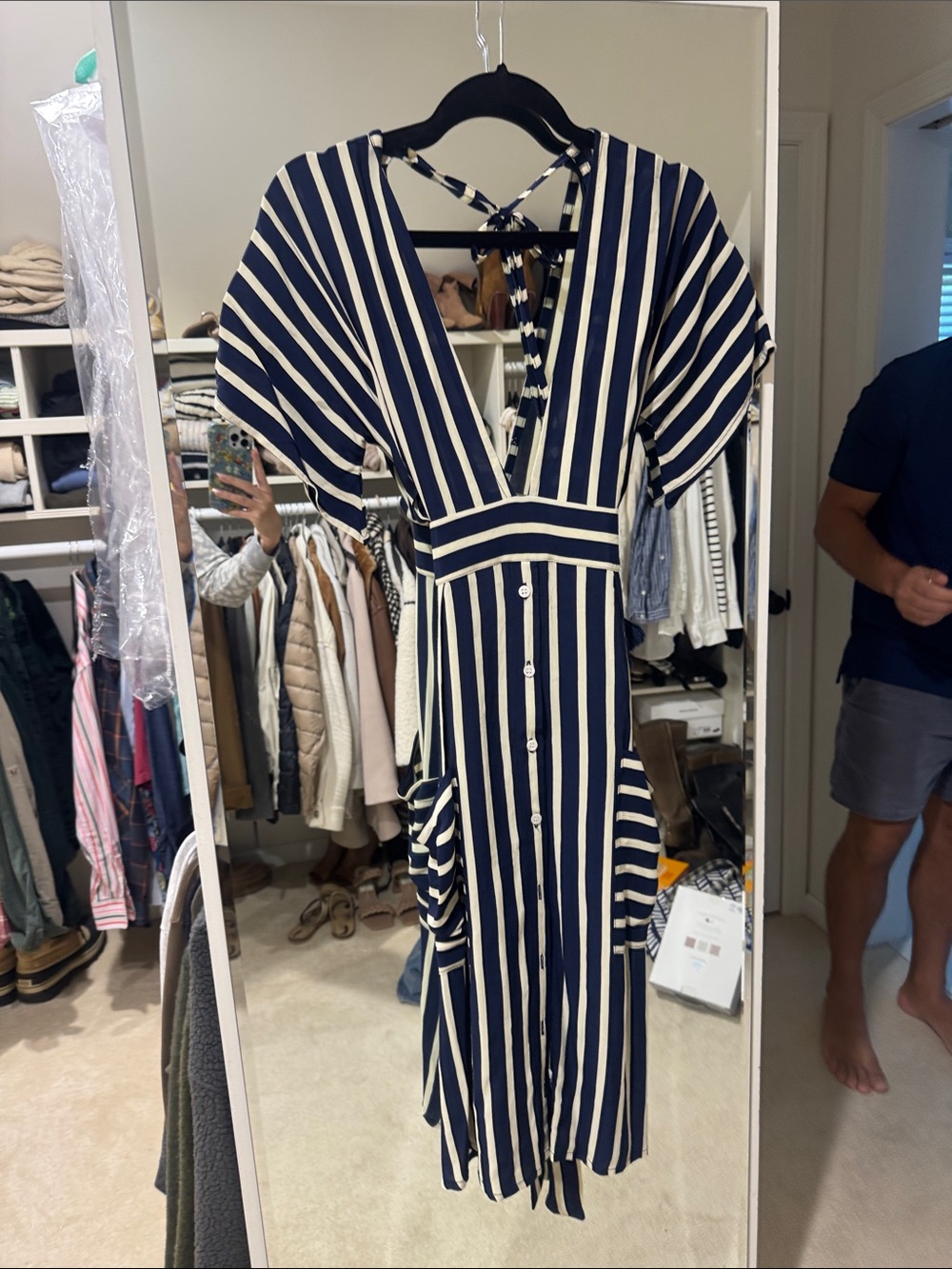Faithfull the Brand Navy and White Striped V-Neck Midi Dress